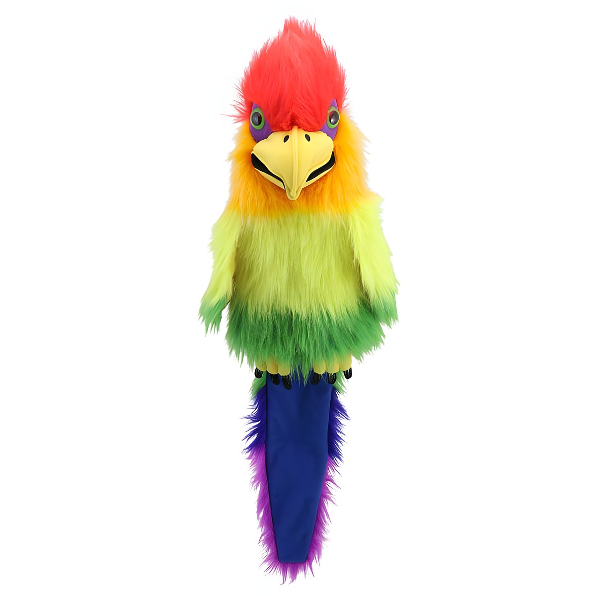 The Puppet Company Handpuppe Regenbogenvogel mit Geräusch, Vogel mit rotem Kopf, gelb-grünem Gefieder und blauem Federschwanz