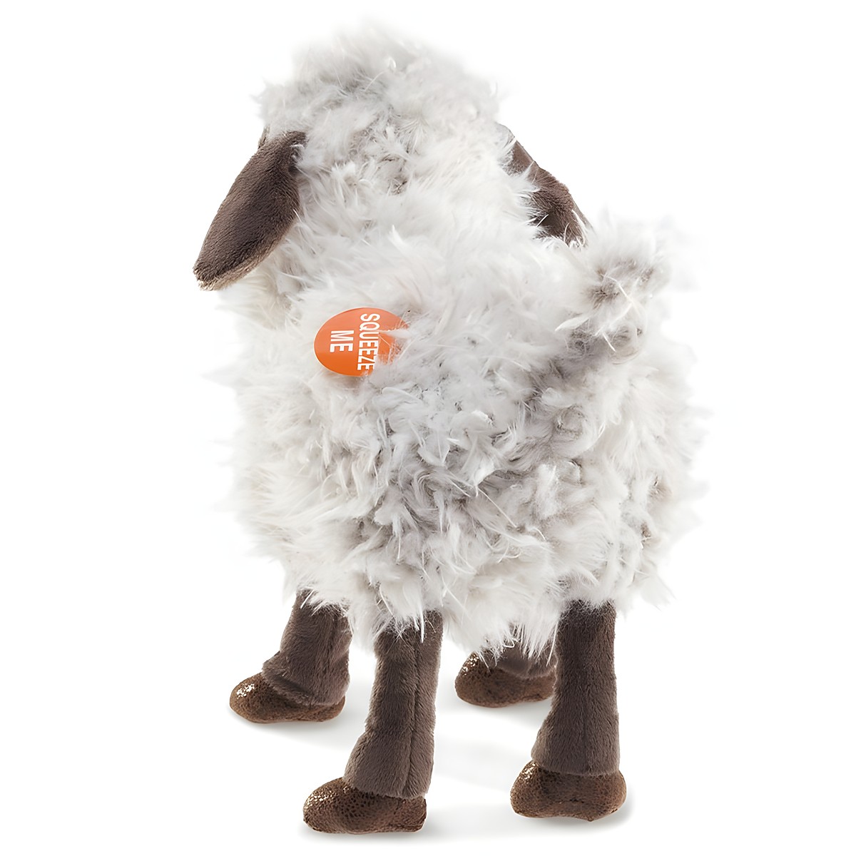 Folkmanis hand puppet bleating sheep with shaggy white plush coat, brown head and hooves, standing viewed from the rear at an angle