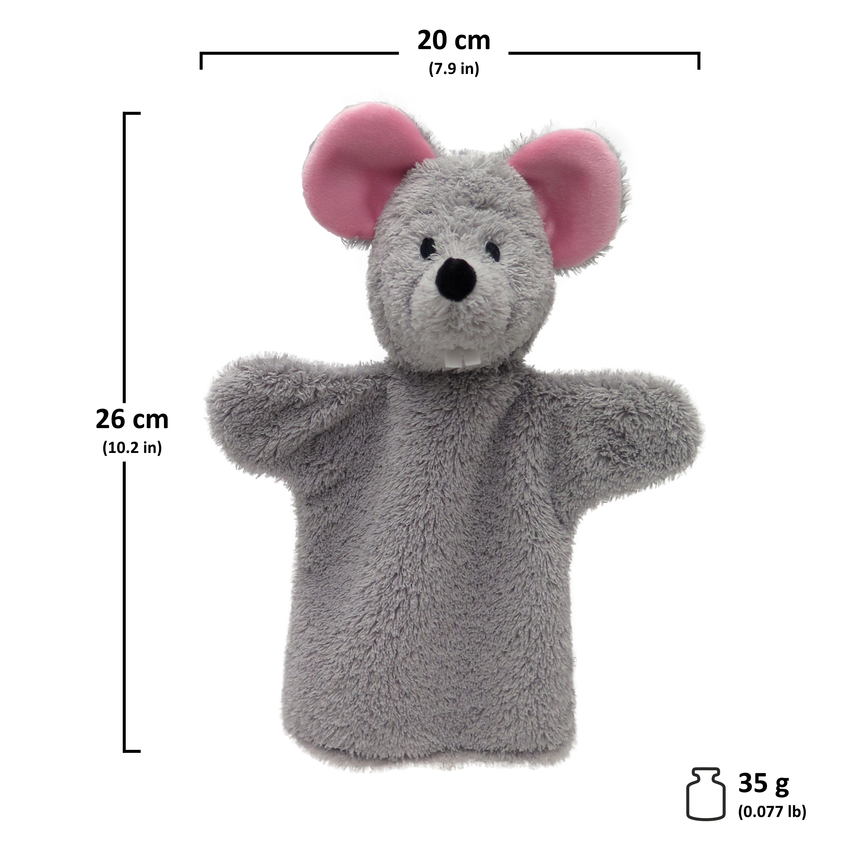 Kasperlepuppe Maus von munabo in Grau mit großen rosa Ohren, Produktbild mit Größenangaben