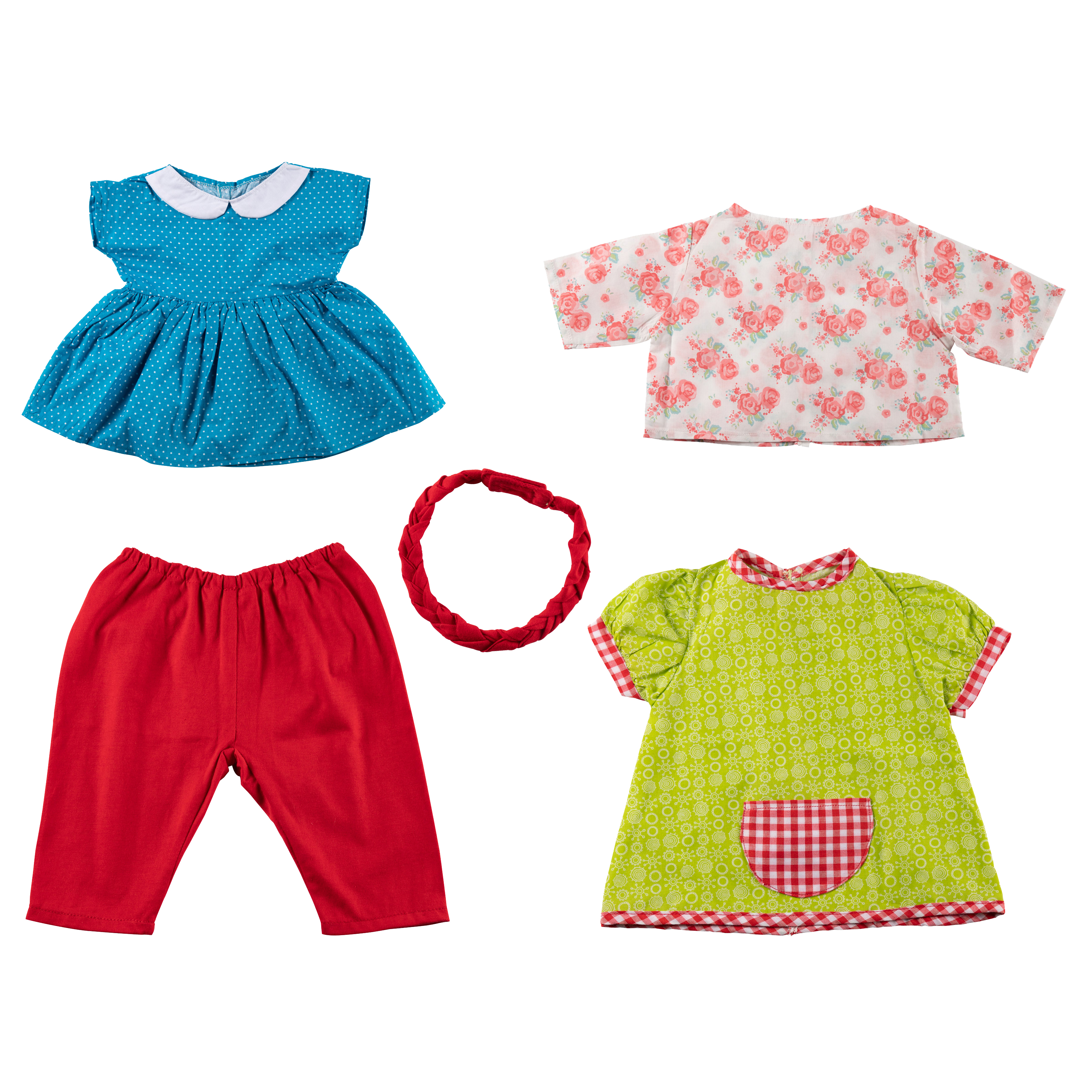 Joyk Kleiderset Farbenfroh für Empathiepuppen: Punktekleid, Hose, Jacke, Kleid und Haarband
