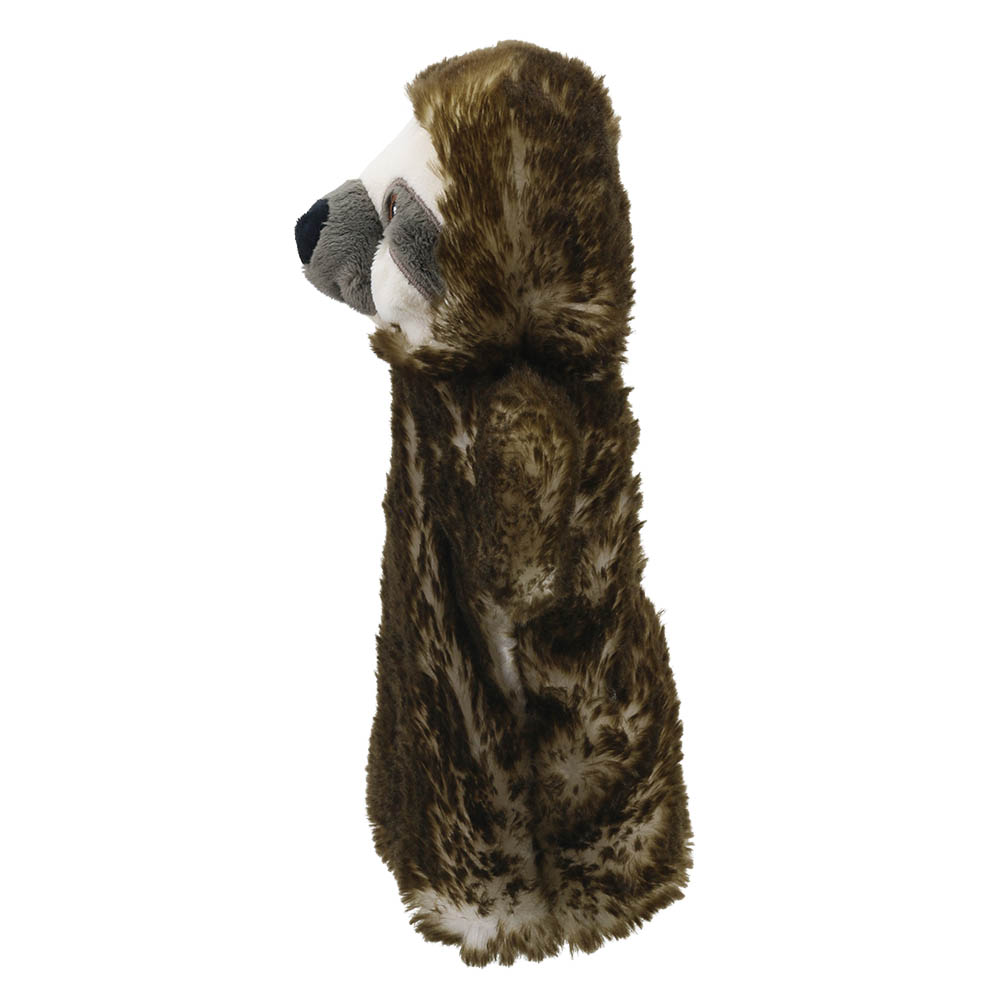 The Puppet Company baby hand puppet sloth, profile view with lowered head and light face mask