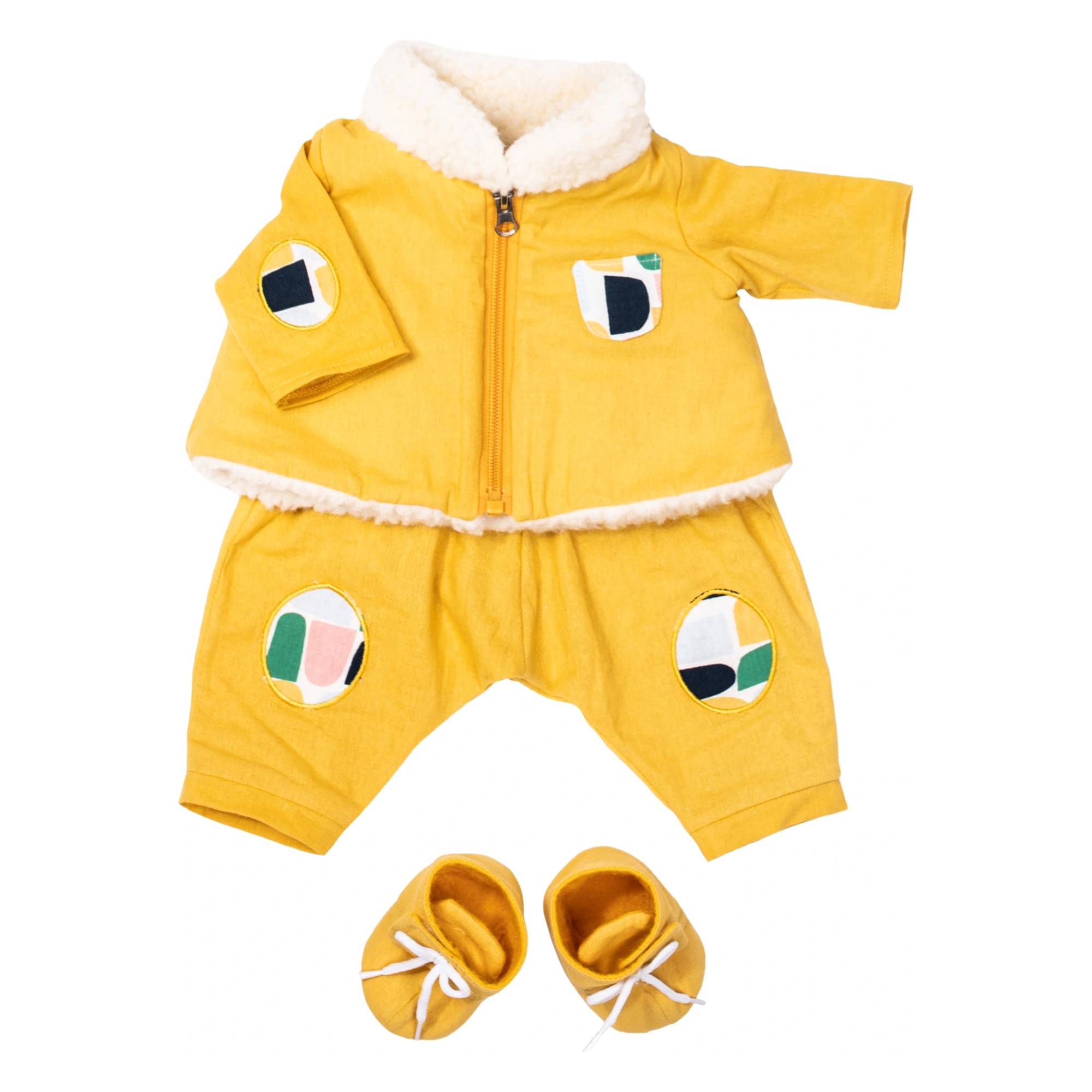 Outdoor set by Rubens Barn: yellow jacket with teddy lining, trousers and lace-up booties