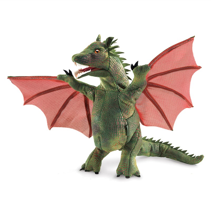 Folkmanis Handpuppe Drache mit Schwingen, grün mit roten Flügeln aus Netzstoff, geöffnetem Maul, Frontalansicht