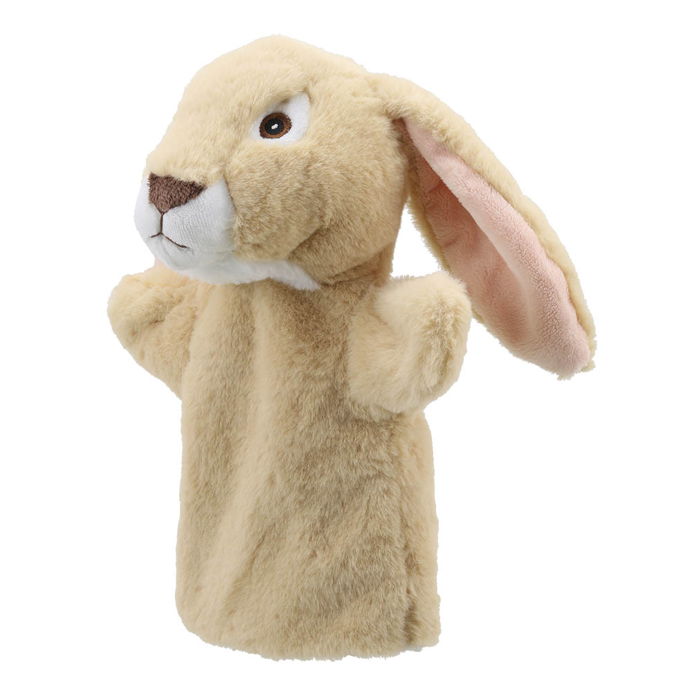 The Puppet Company baby hand puppet lop-eared rabbit, beige puppet with pink inner ears and round face, front view