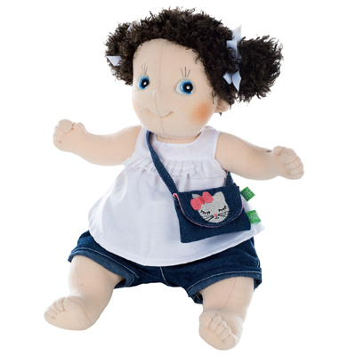Rubens doll with white top, denim shorts and the kitty bag over its shoulder