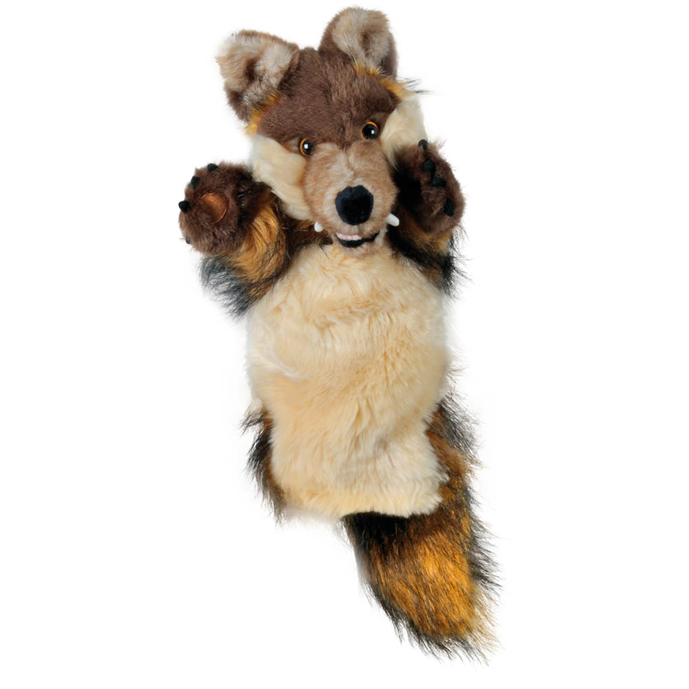 The Puppet Company Baby-Handpuppe Wolf, graubraune Wolf-Handpuppe mit erhobenen Pfoten, Frontansicht