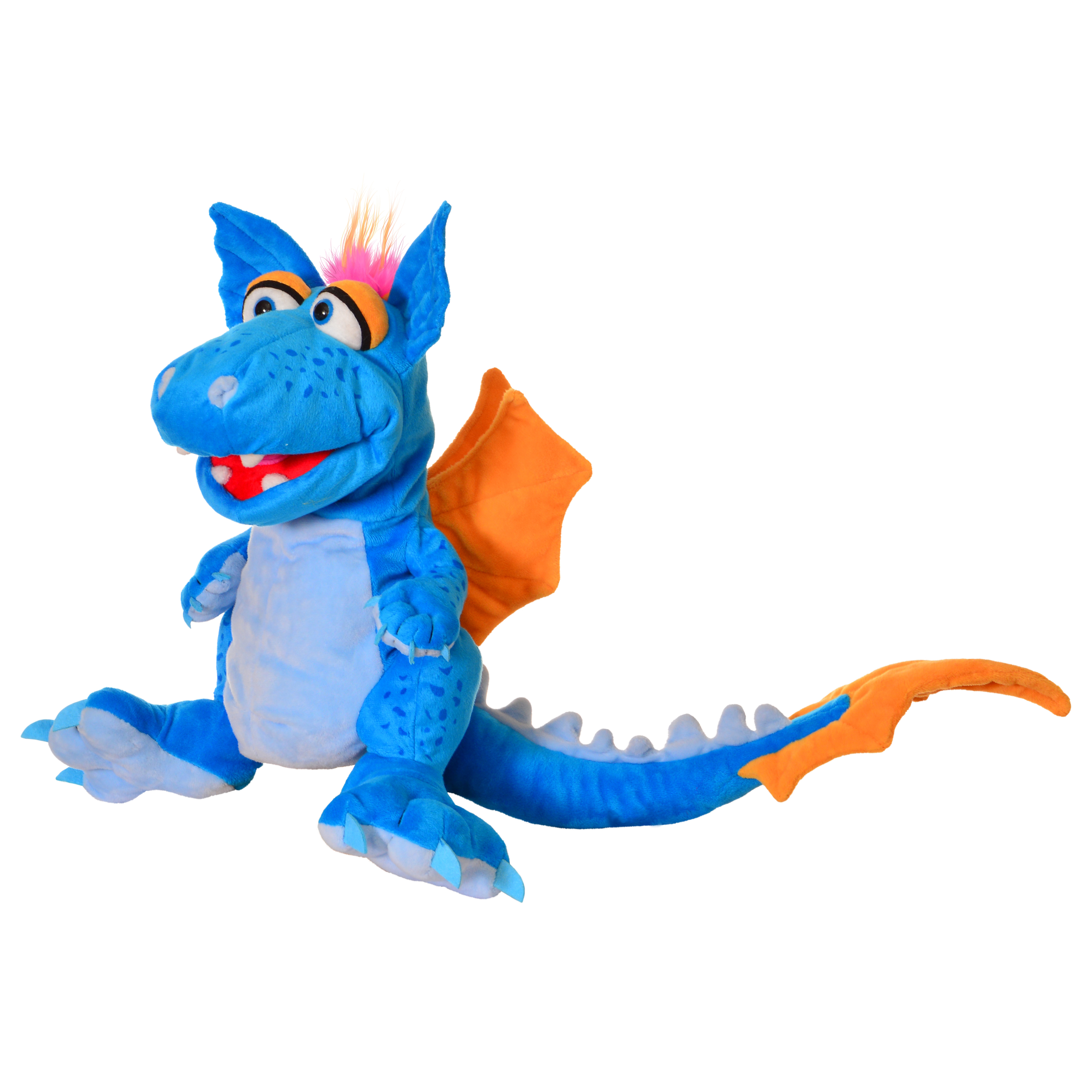 Living Puppets Handpuppe Cosmo Drache in der Seitenansicht mit Zackenschwanz und orangen Flügeln