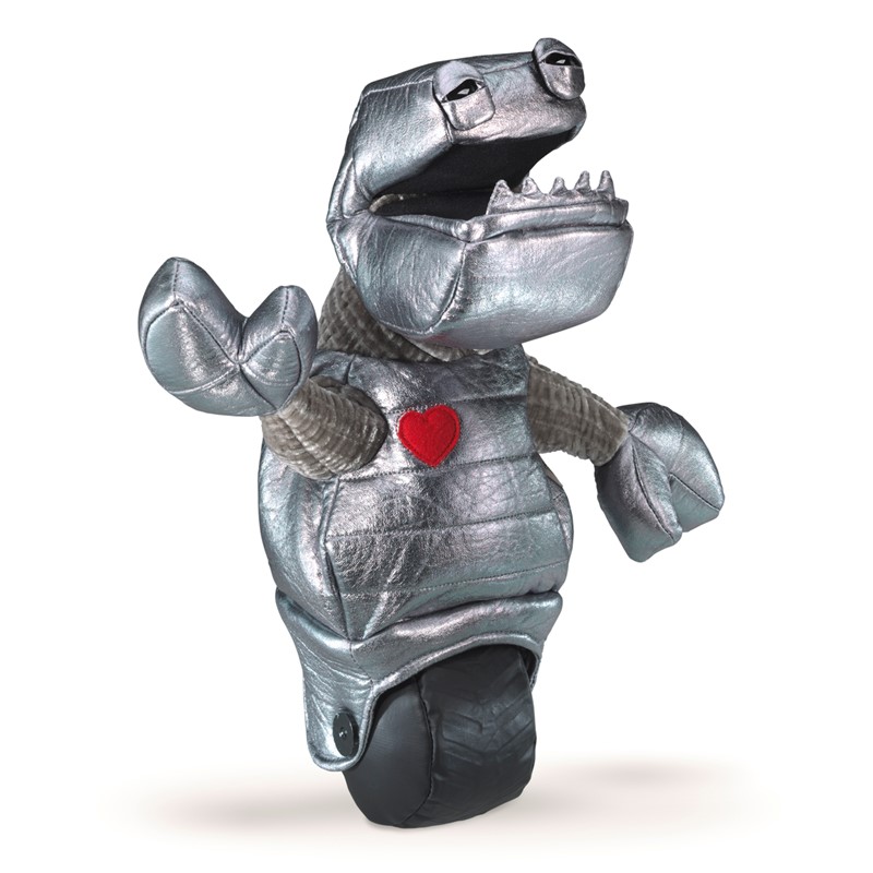 Folkmanis Handpuppe Roboter in Silber mit geöffnetem Krokodilmaul, rotem Herz auf der Brust und schwarzem Rad unten