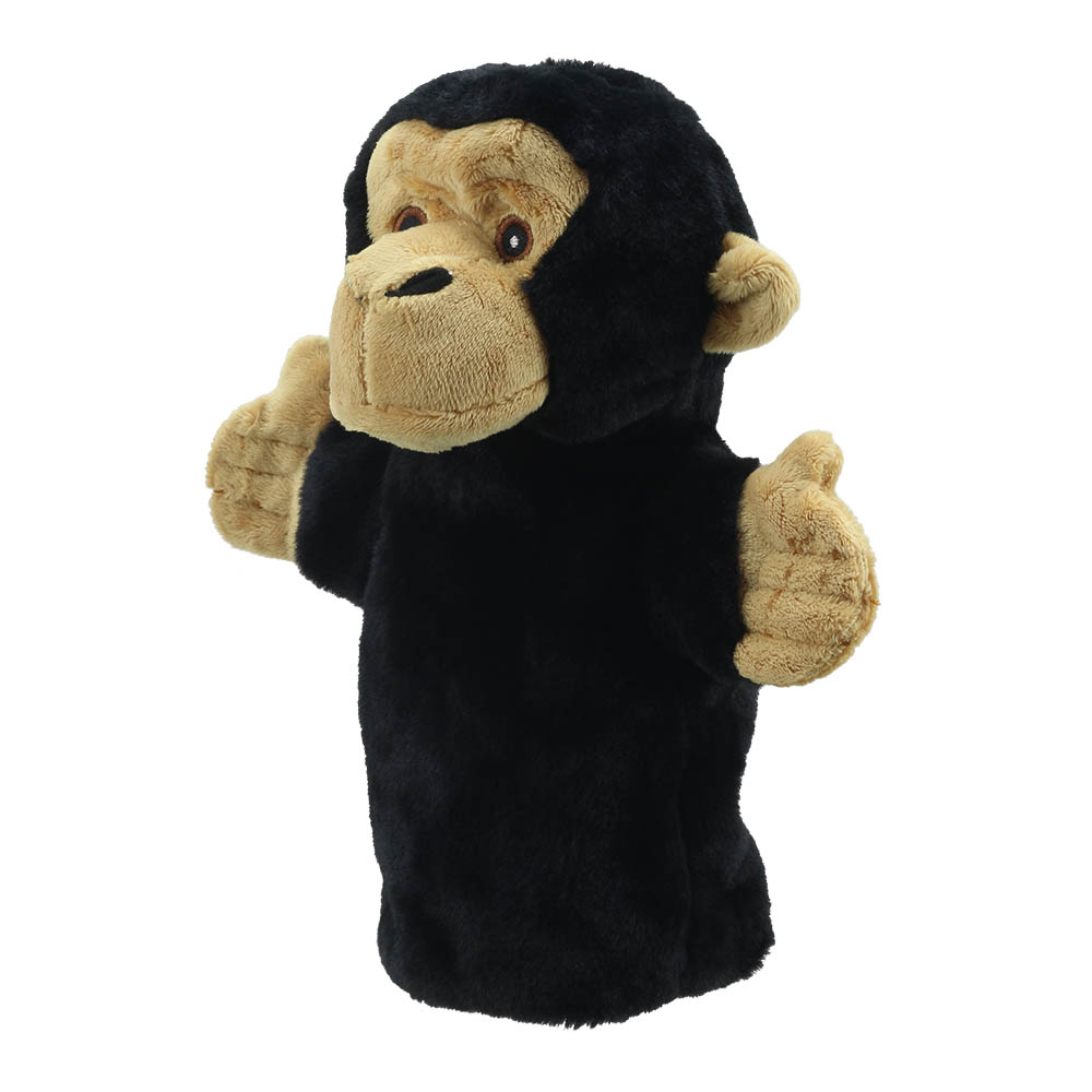 The Puppet Company Baby-Handpuppe Schimpanse, schwarzer Affe mit beigem Gesicht, Nahaufnahme