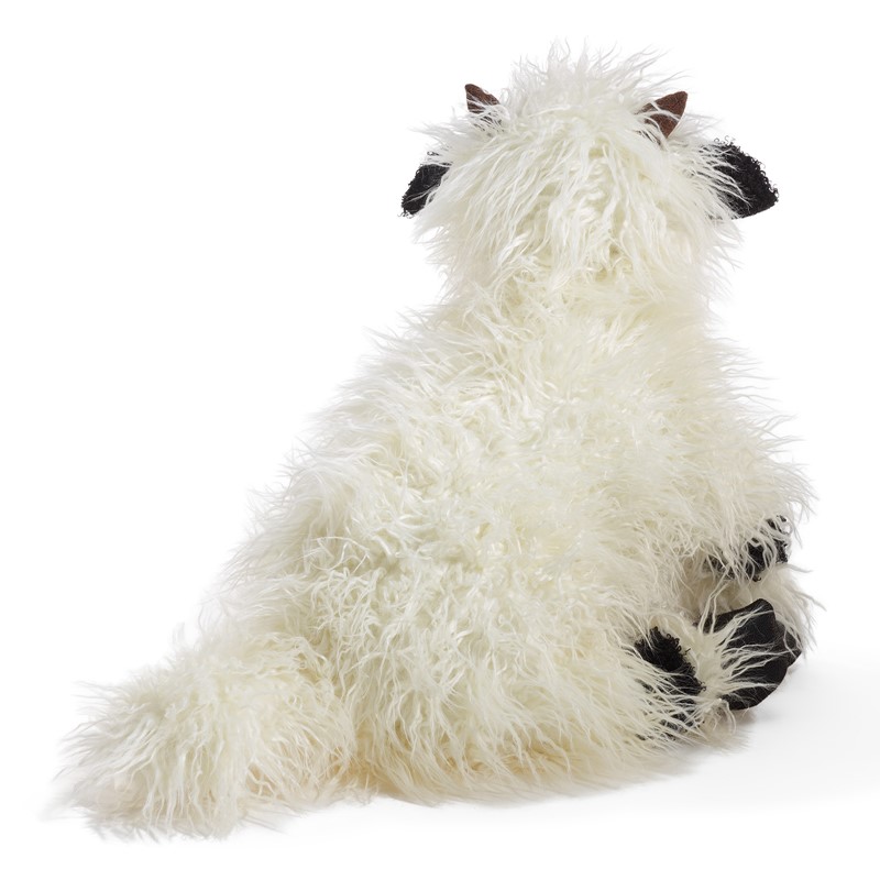 Folkmanis Valais Blacknose Sheep hand puppet seen from behind: long white shaggy fur, black ears and hooves, small brown horns