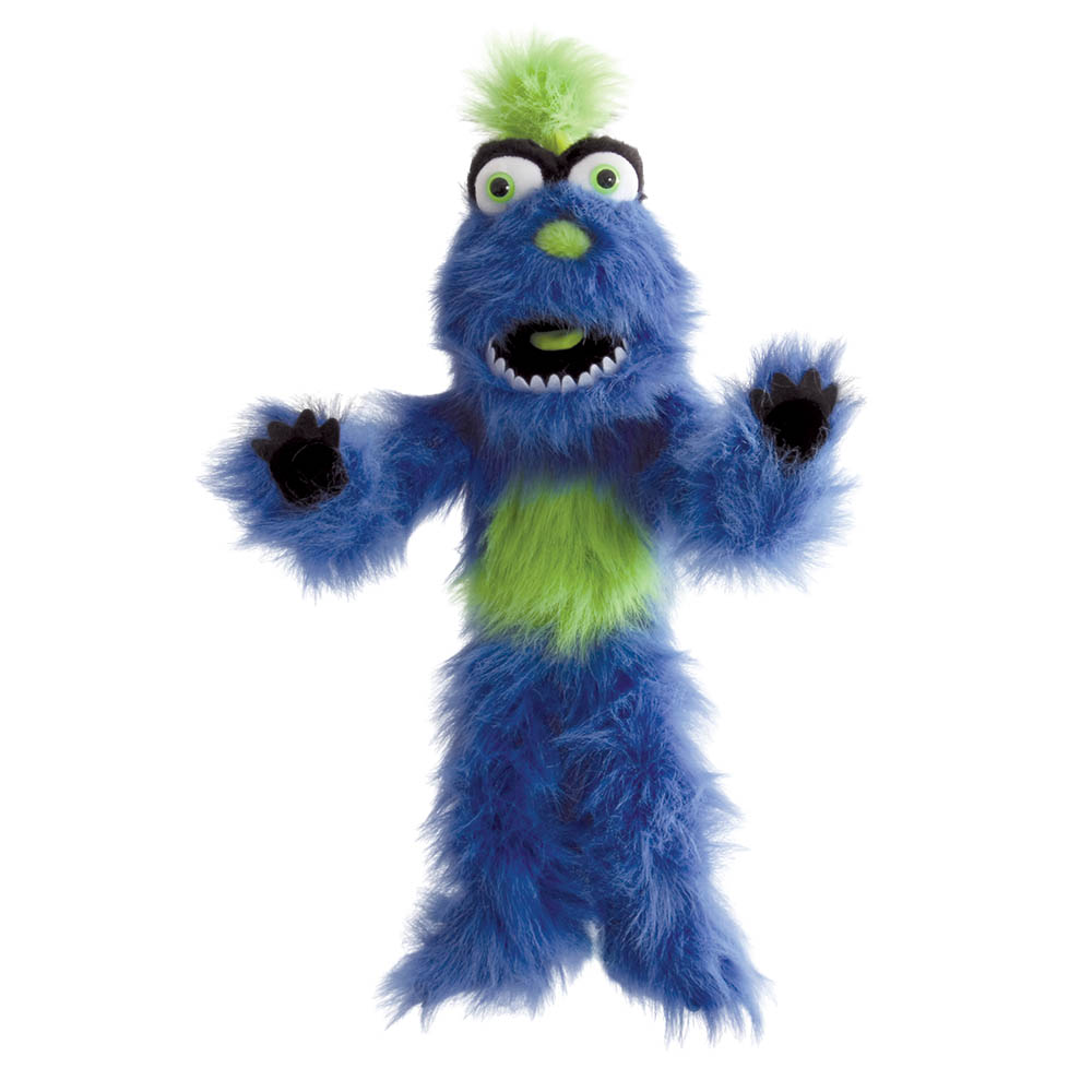The Puppet Company Handpuppe Monster Blau-Grün, blaues zottiges Monster mit grünem Haarschopf und grünem Bauchfleck, Arme ausgestreckt