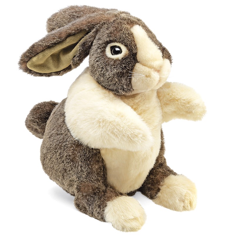 Folkmanis Handpuppe Holländer Hase in Braun-Beige mit Hängeohren, aufgerichtet sitzend, Seitenansicht
