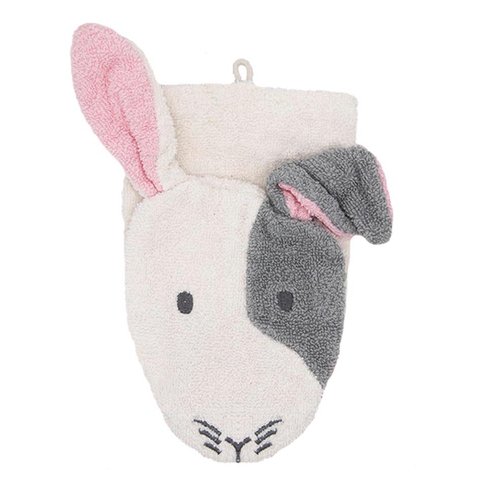 Fürnis organic washcloth rabbit Henry, cream-white face, one pink and one grey ear, embroidered whiskers