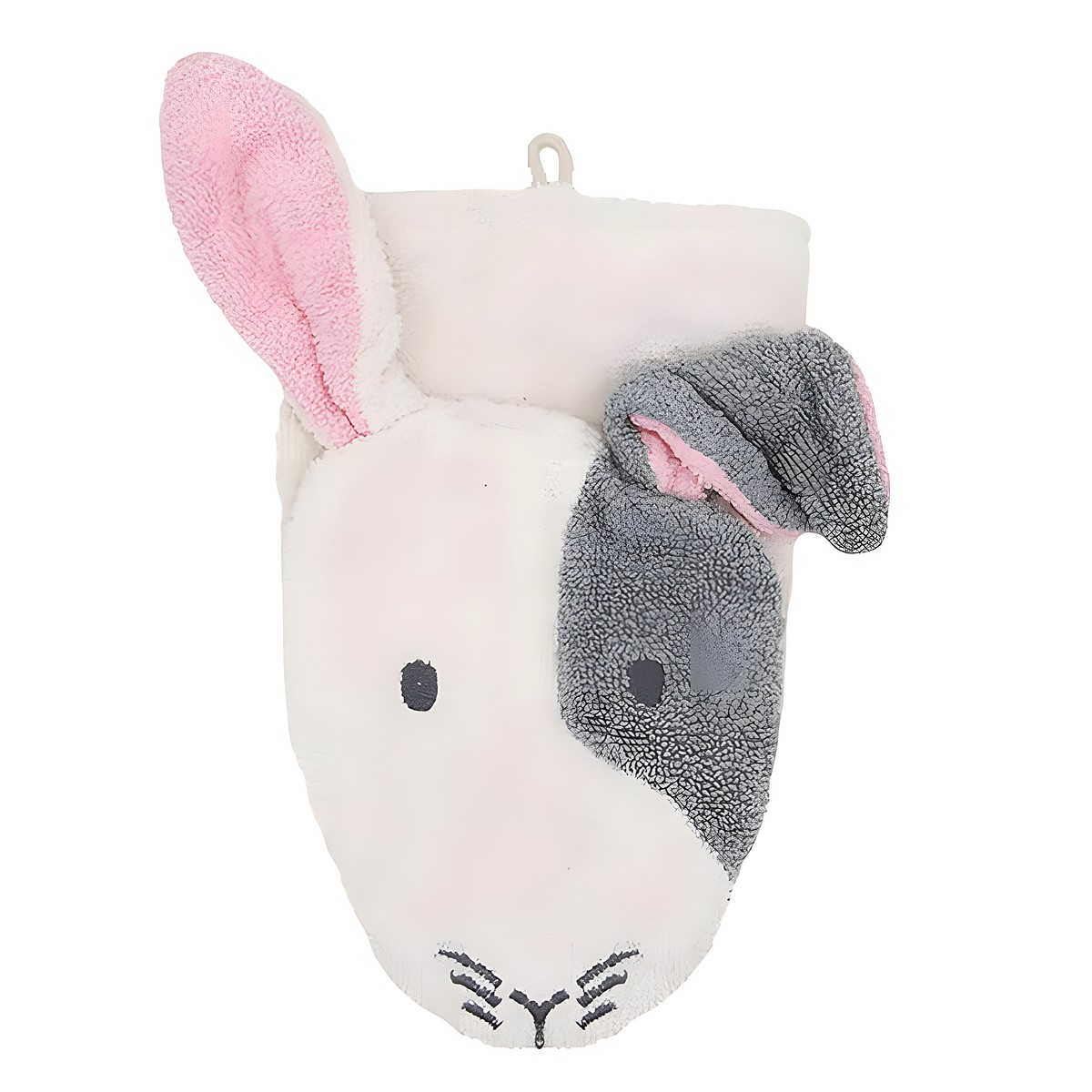 Fürnis organic washcloth rabbit Henry, cream-white face, one pink and one grey ear, embroidered whiskers