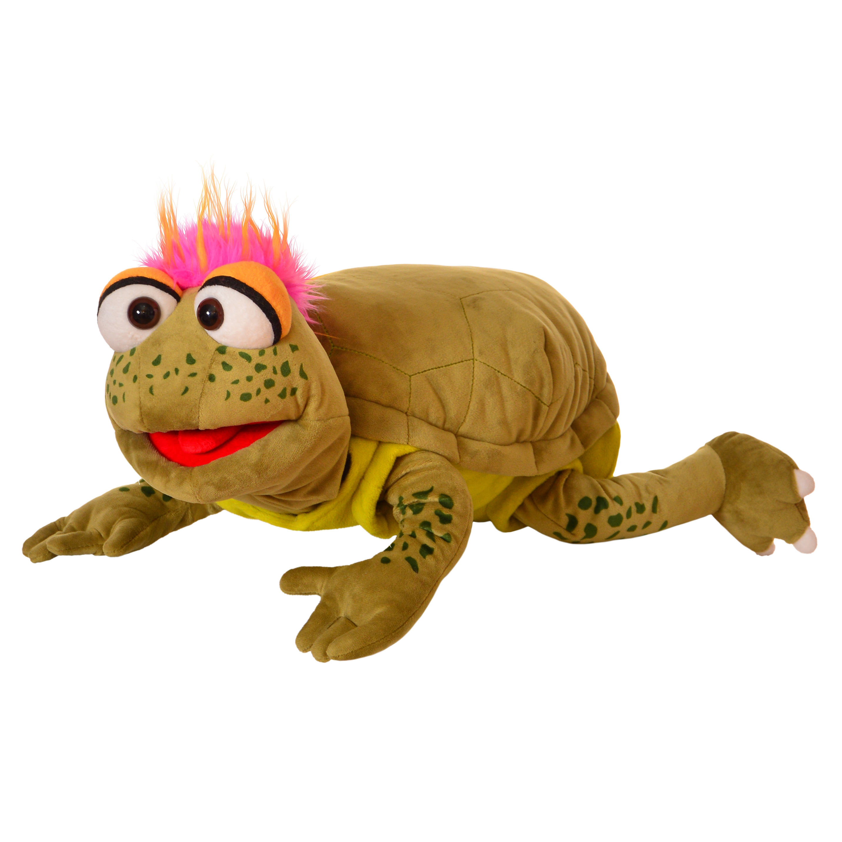 Living Puppets Handpuppe Slow Moe die Schildkröte mit Panzer in Krabbelpose, geöffneter roter Mund, Seitenansicht
