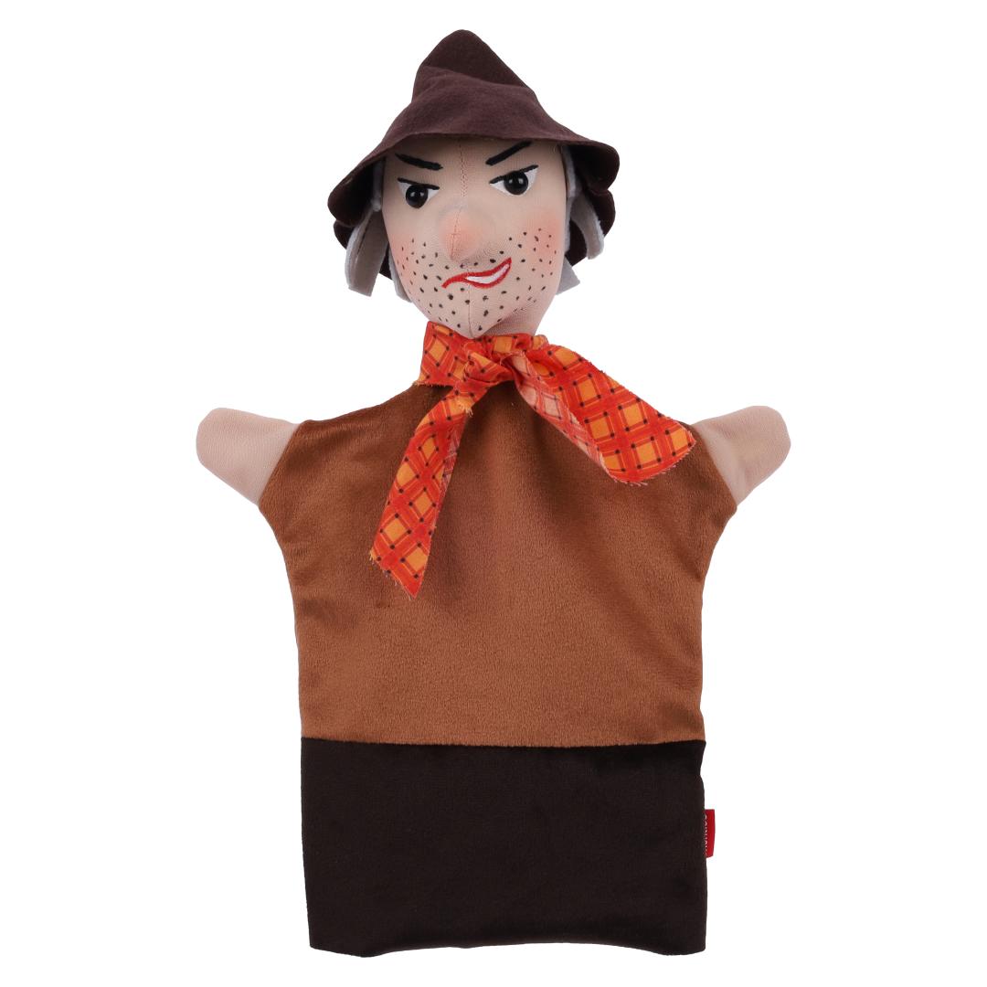 Kasperlepuppe Räuber von munabo, Vorderansicht: brauner Spitzhut, oranges Karotuch, braune Weste.