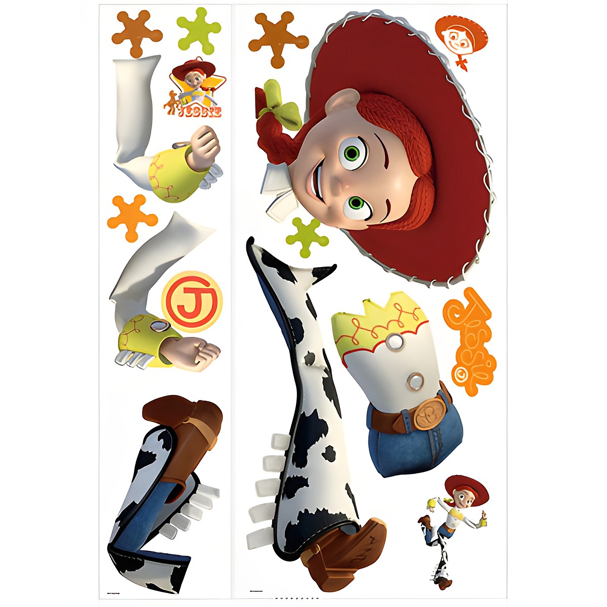 RoomMates Wandbild Disney Pixar Toy Story Jessie, zwei Klebebögen mit der Jessie-Figur und Cowboystiefel-Motiven auf weißem Untergrund