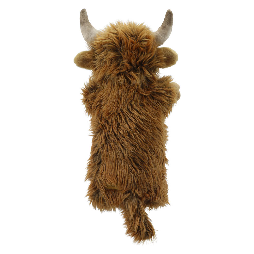 The Puppet Company baby hand puppet Highland cow, shaggy brown cow puppet with horns, back view