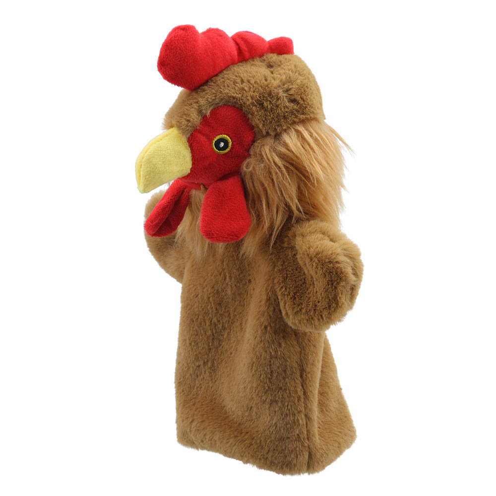 The Puppet Company baby hand puppet hen, side view with a red comb and yellow beak