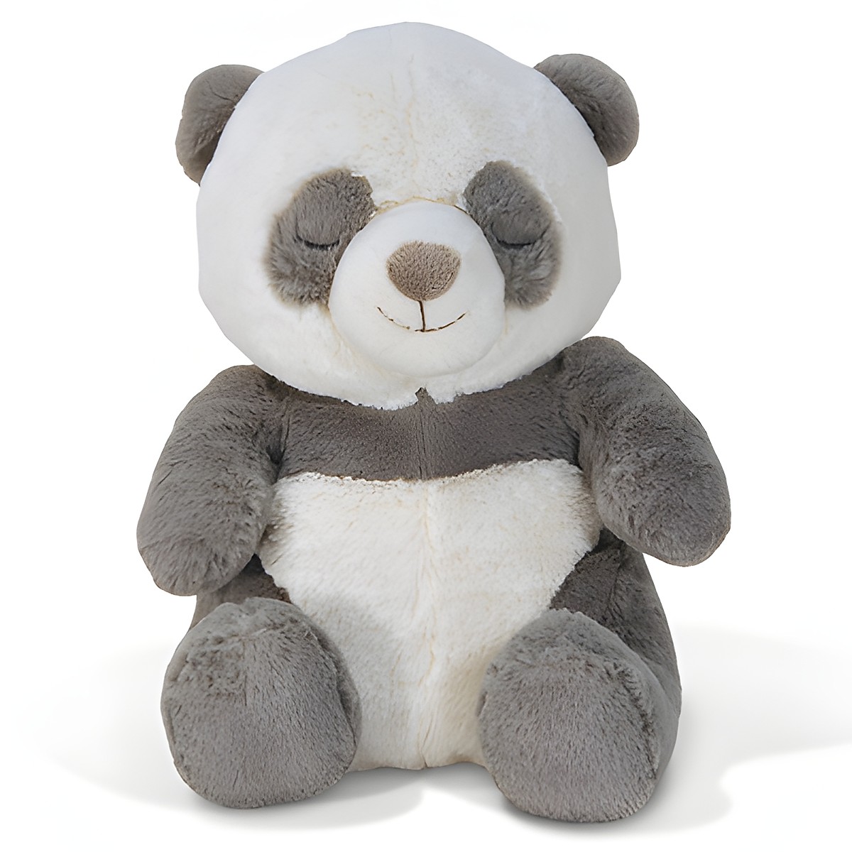 Cloud b Einschlafhilfe Peaceful Panda, grau-weißes Panda-Kuscheltier sitzend mit geschlossenen Augen, Frontansicht