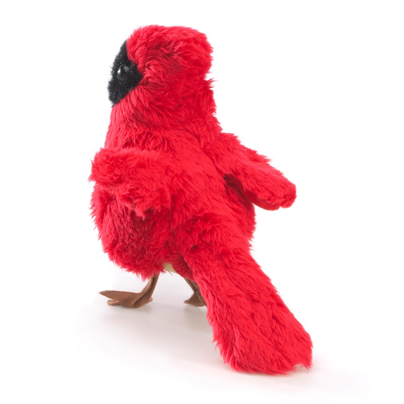 Folkmanis Fingerpuppe mini Kardinalvogel in leuchtendem Rot mit schwarzer Gesichtsmaske, braunen Füßen, Schrägansicht