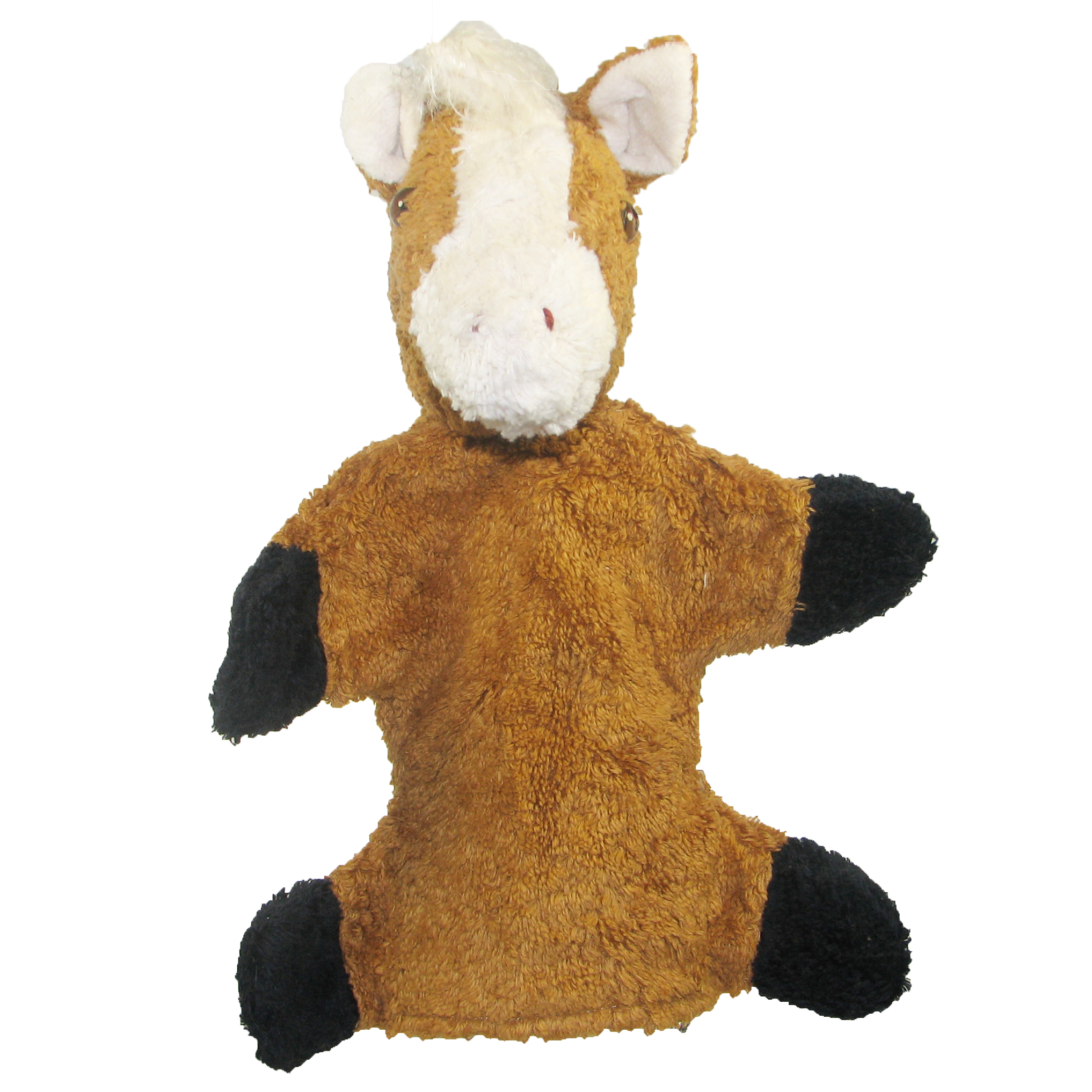 Kallisto Handpuppe Pferd Frontansicht, braune Handpuppe aus Naturmaterial mit schwarzen Pfoten und cremefarbener Mähne
