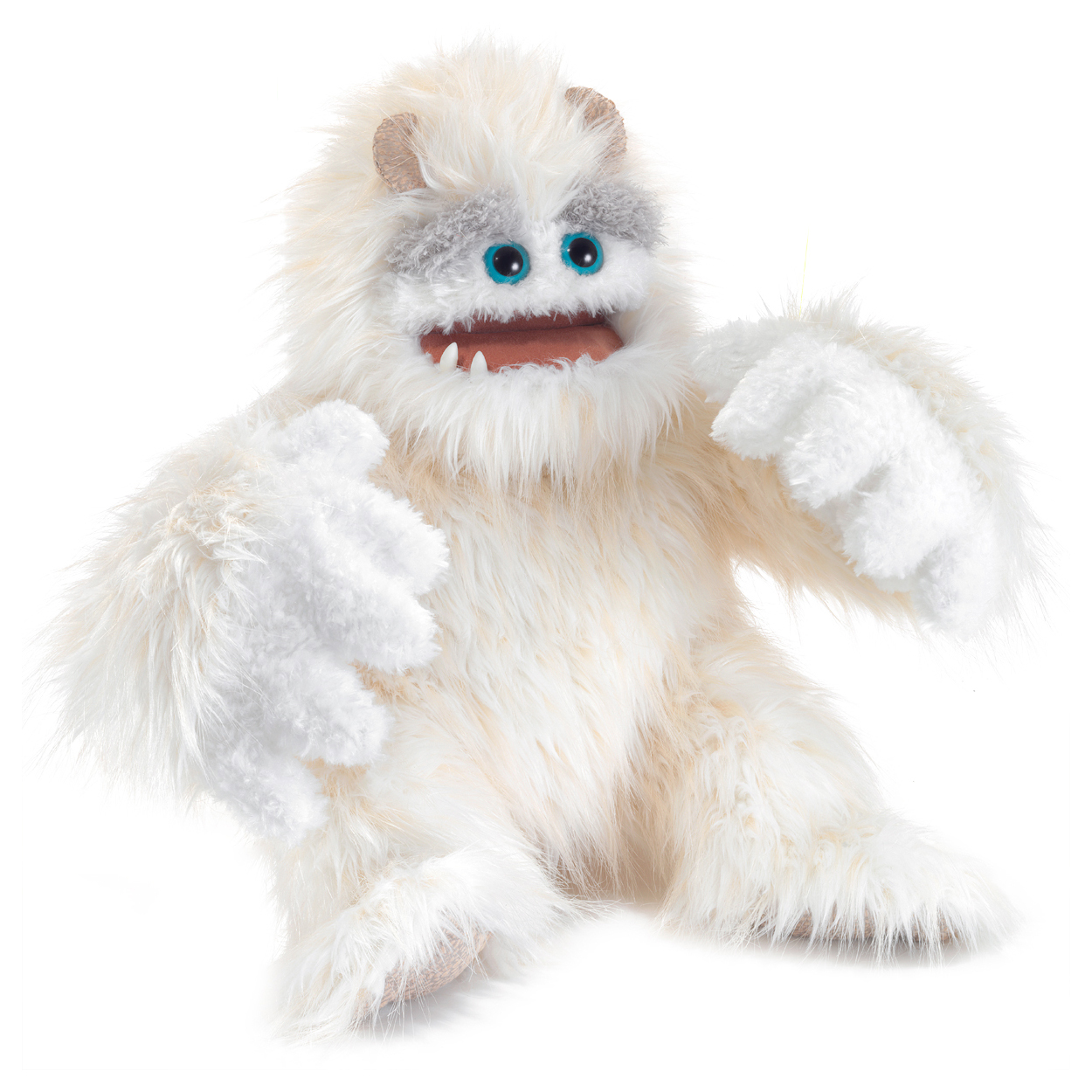 Folkmanis Handpuppe Yeti mit weißem Langflor-Fell, blauen Augen, geöffnetem Maul und ausgebreiteten Armen, Frontansicht