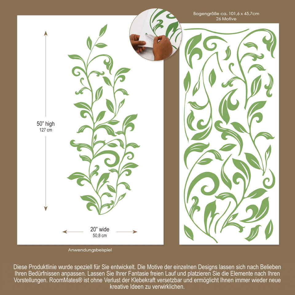 RoomMates Wandbild Leaf Scroll Peel & Stick, Infografik mit Maßangaben, Motivanzahl und Anwendungsbeispiel des Blätterranken-Motivs