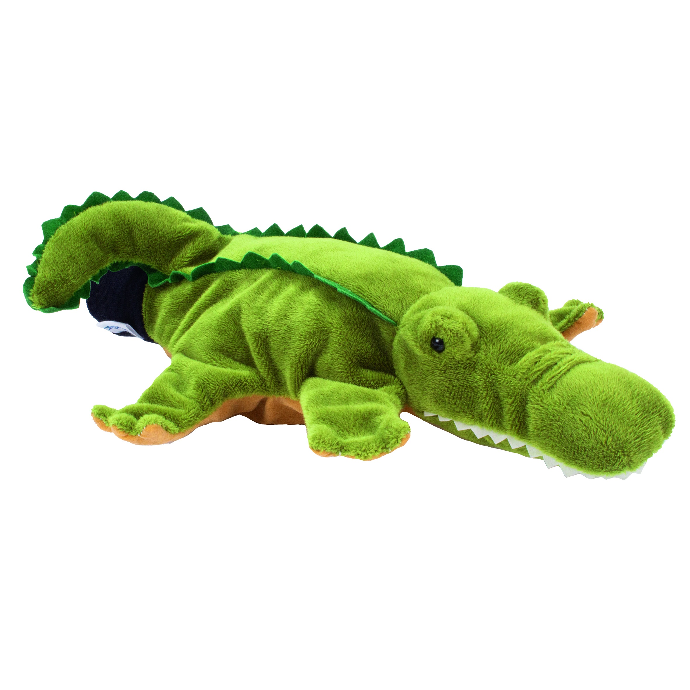Beleduc hand puppet crocodile with green fur, a jagged back and an orange belly, lying pose