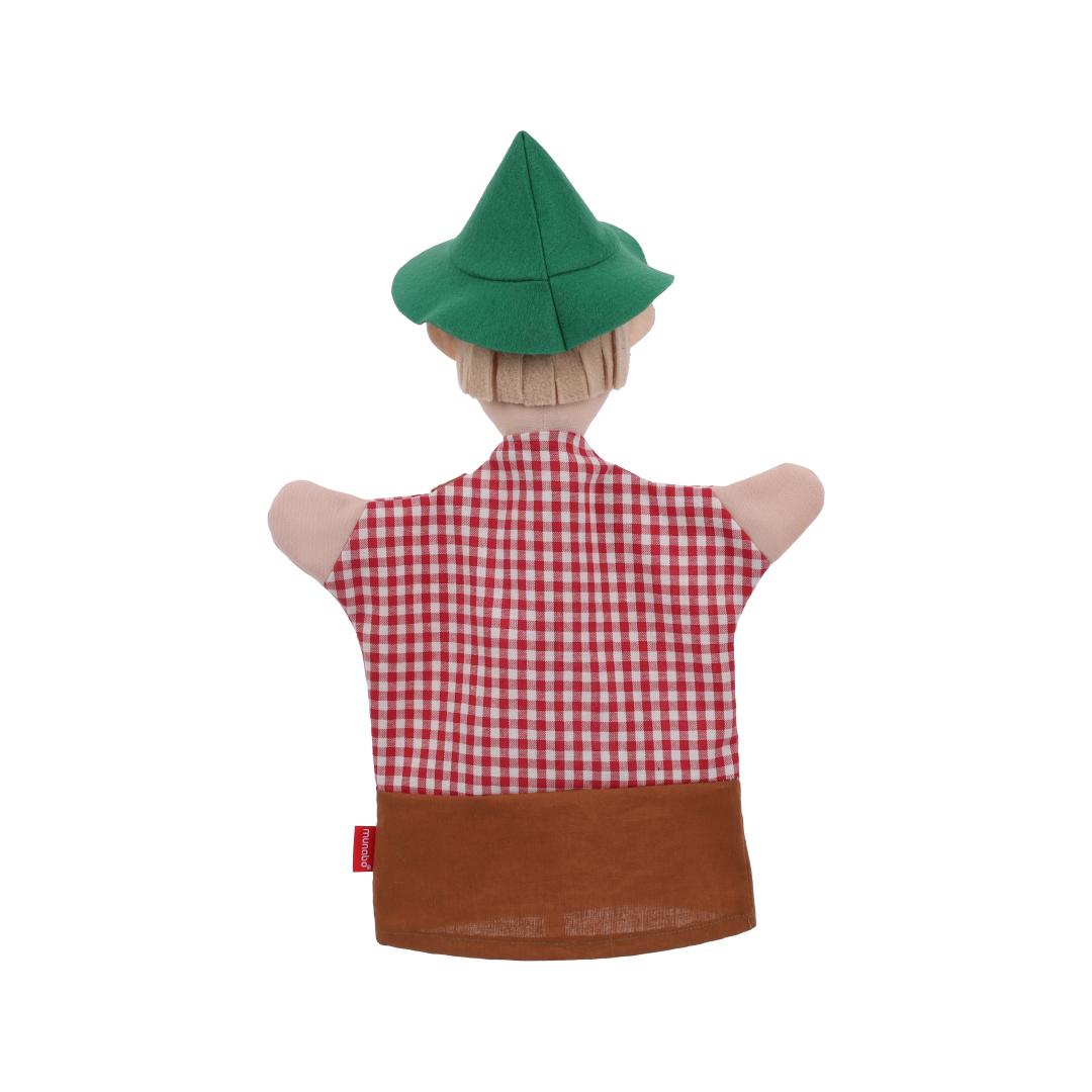 Kasperlepuppe Seppel von munabo, Rückansicht mit grünem Hut über dem karierten Hemd.