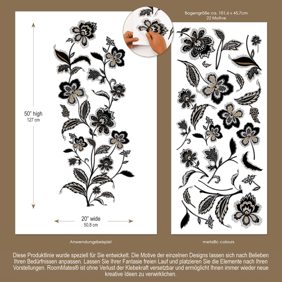 RoomMates Wandbild Jazzy Jacobean Peel & Stick, Infografik mit Maßangaben, Motivanzahl und Anwendungsbeispiel des Blumenranken-Motivs