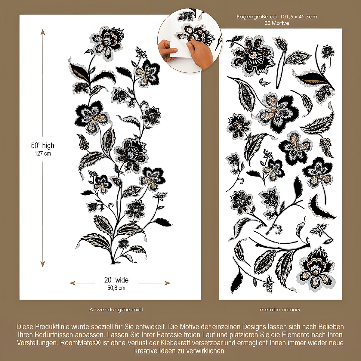 RoomMates Wandbild Jazzy Jacobean Peel & Stick, Infografik mit Maßangaben, Motivanzahl und Anwendungsbeispiel des Blumenranken-Motivs