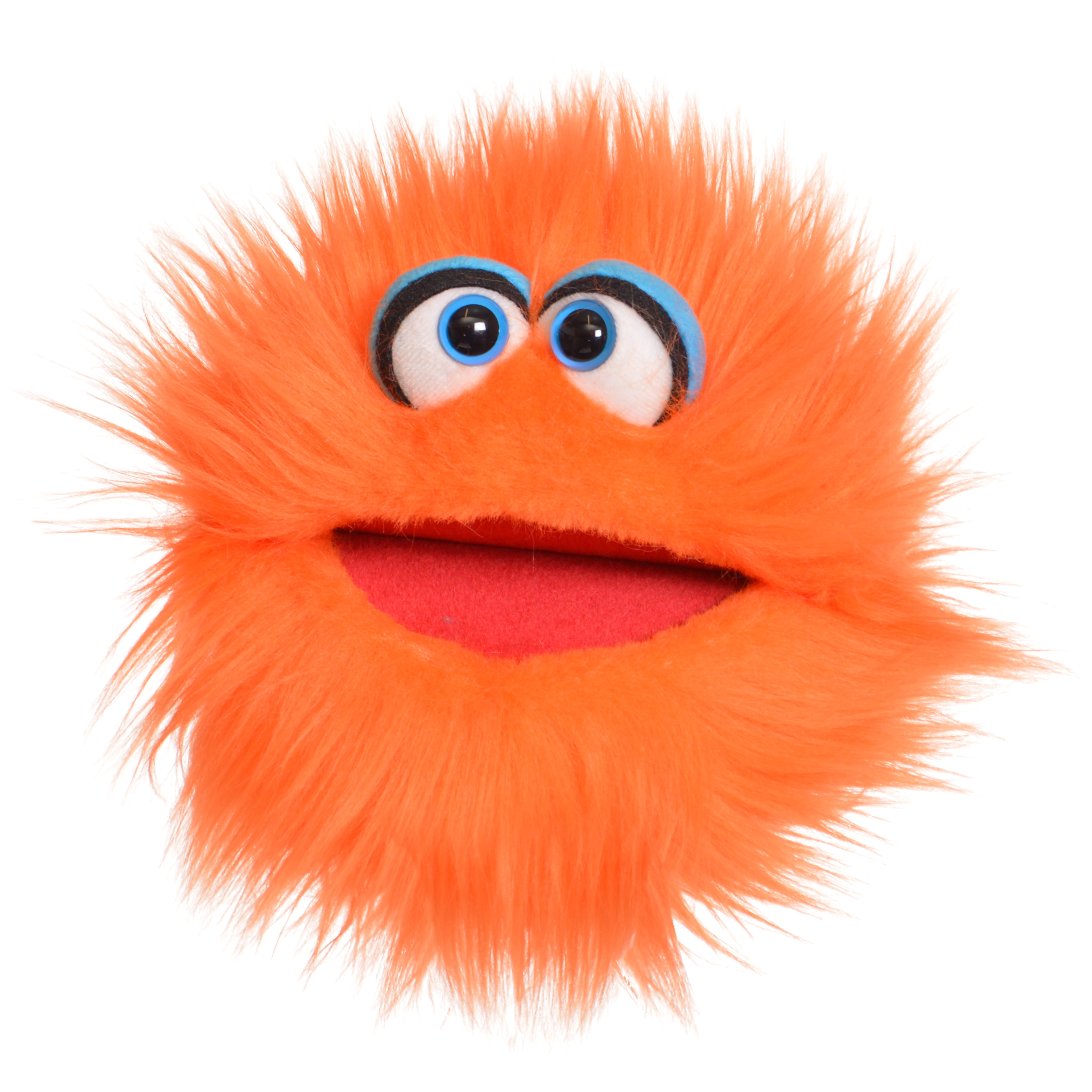 Living Puppets Handpuppe Klops, orangefarbenes Zottelmonster mit blauen Augenbrauen und geöffnetem rotem Mund, Frontalansicht