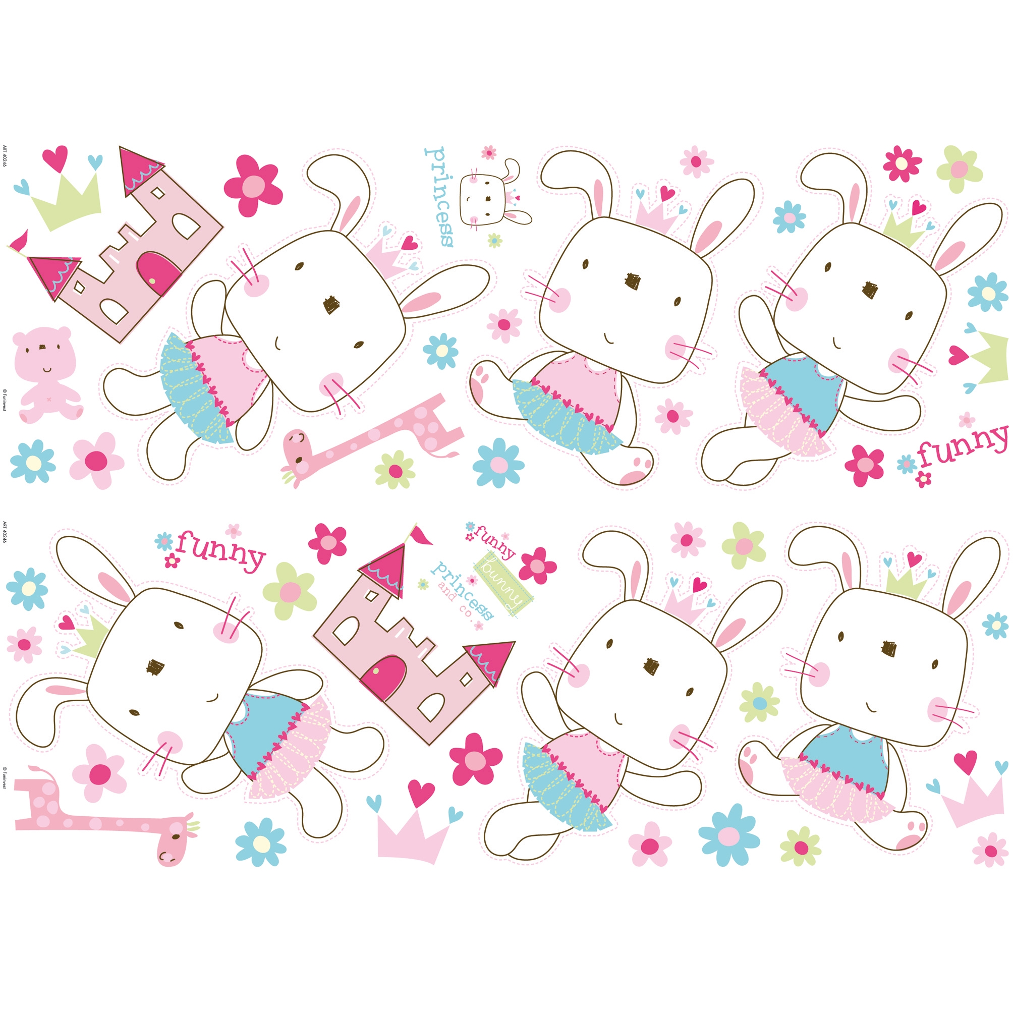 decofun wall decal Funny Bunny, dancing bunnies with a castle, crown and flowers as a sticker sheet with funny lettering