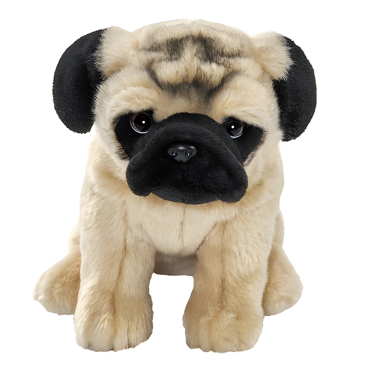 Mops Kuscheltier von Anima mit beigem Fell, schwarzer Schnauzenmaske und dunklen Ohren, sitzend