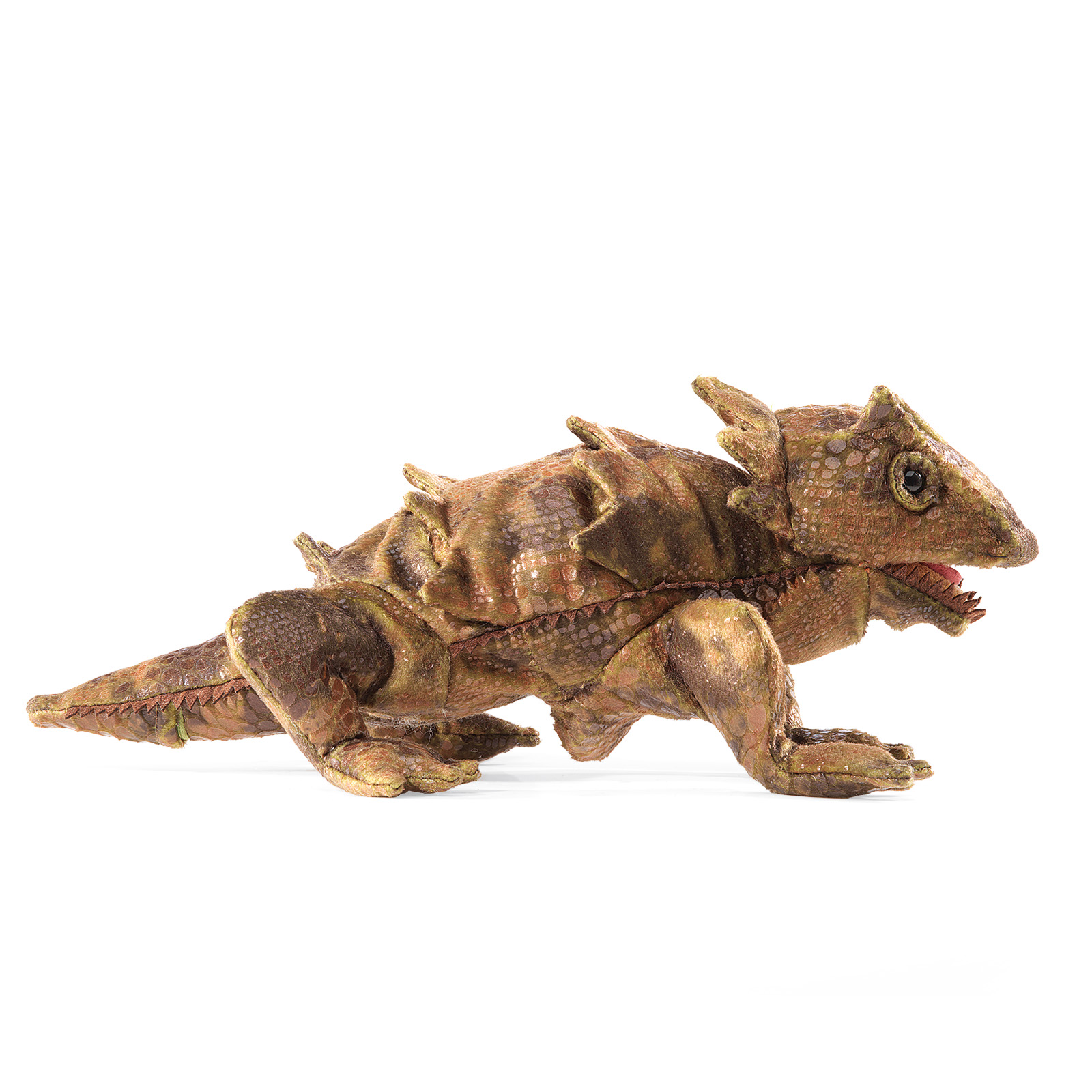 Folkmanis horned lizard hand puppet in brown-green with detailed scale texture, spines and open mouth, side view