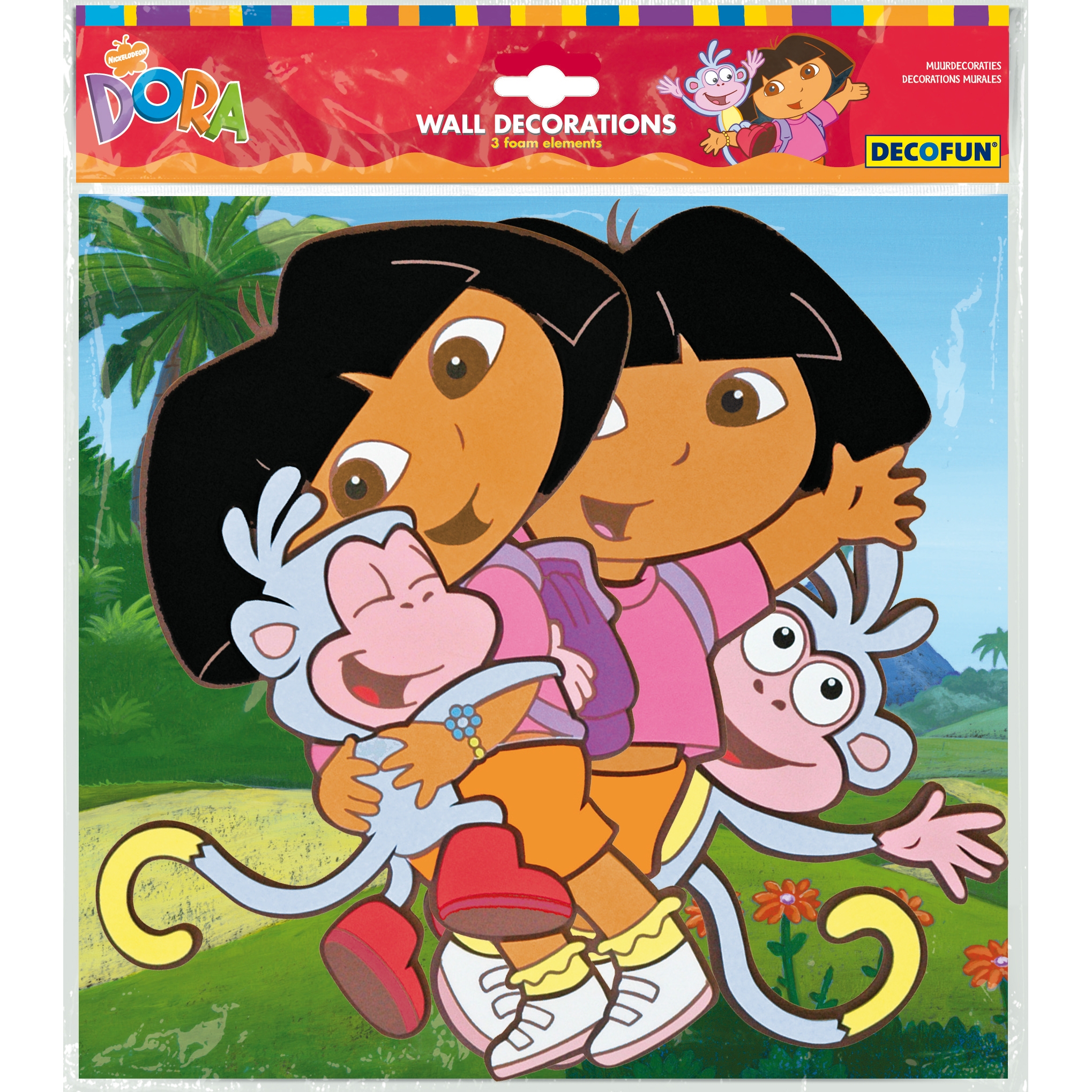 decofun Wanddekoration Dora the Explorer Verpackung, Dora mit Boots im Arm vor Dschungelhintergrund