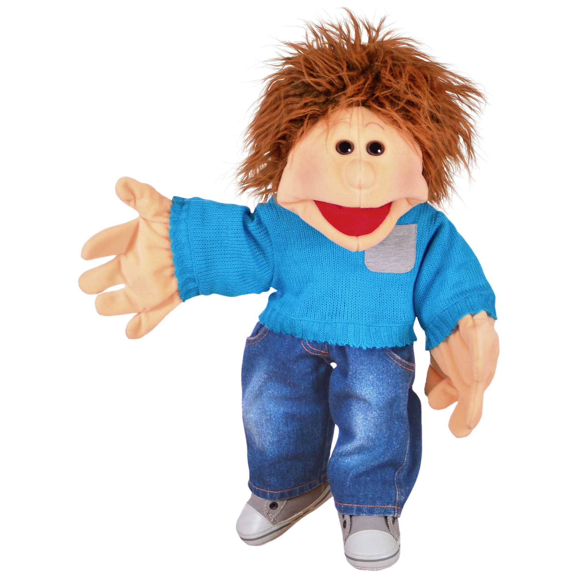 Living Puppets Handpuppe Jo mit Strubbelhaar, türkisem Strickpullover und Jeans