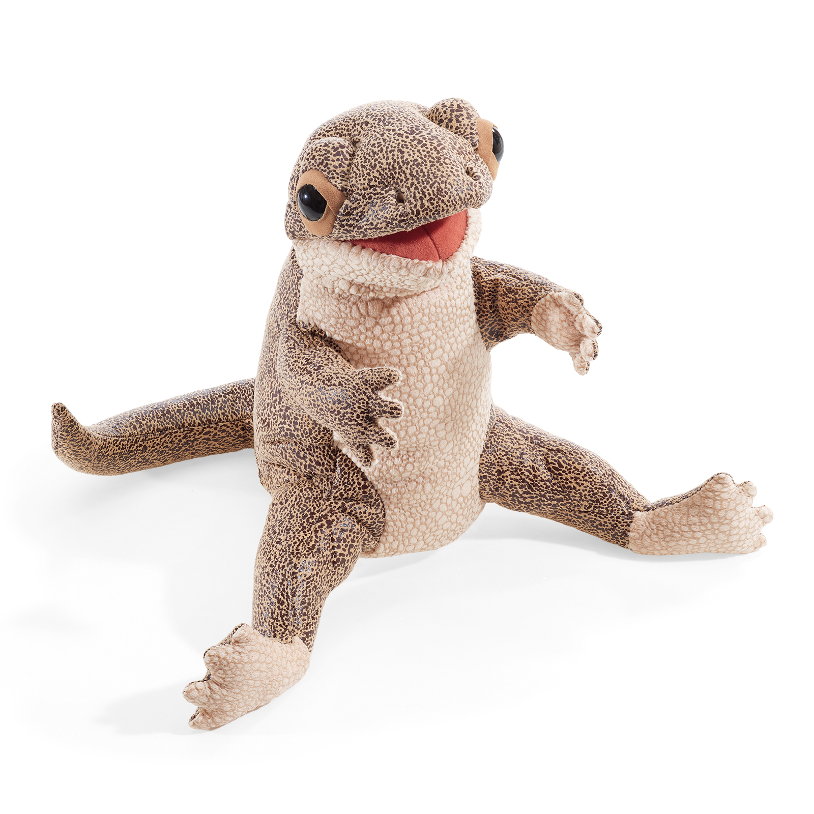 Folkmanis Handpuppe Eidechse mit braun-beigem Schuppenmuster, geöffnetem rotem Maul und ausgestreckten Beinen, Schrägansicht