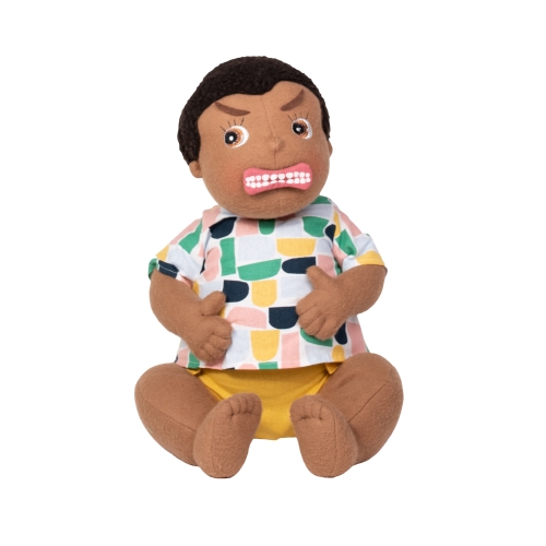 Rubens Barn doll with attached angry mouth and furrowed brows from the facial expressions set