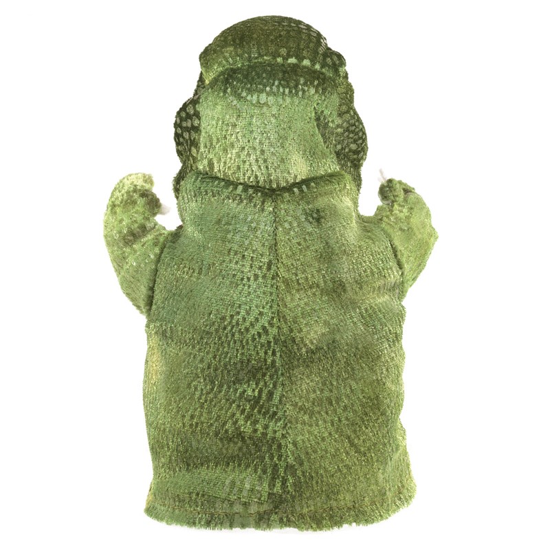 Folkmanis Handpuppe kleiner T-Rex in grünem Schuppenmuster, Rückenansicht mit erhobenen Armen
