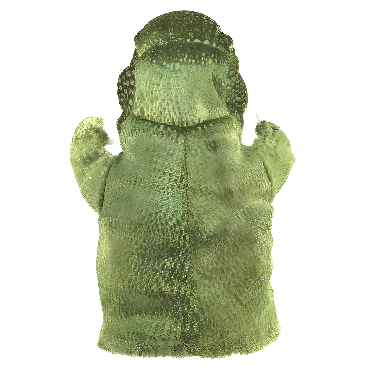 Folkmanis Handpuppe kleiner T-Rex in grünem Schuppenmuster, Rückenansicht mit erhobenen Armen