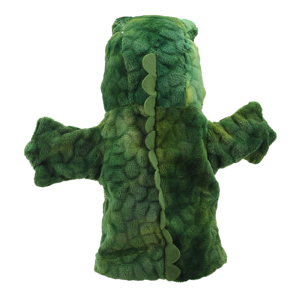 The Puppet Company crocodile hand puppet, green puppet seen from behind with a row of spikes down its back, back view