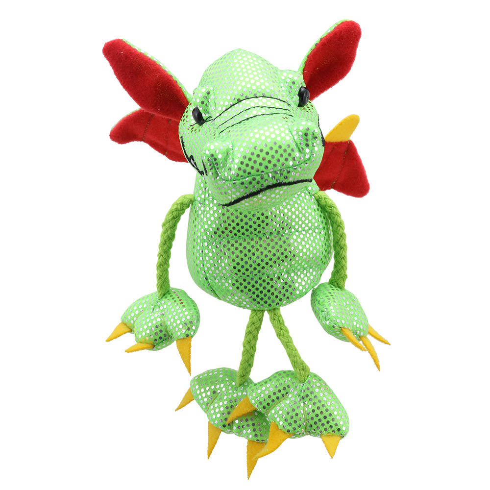 The Puppet Company finger puppet green dragon, green glittery finger puppet with red ears, side view