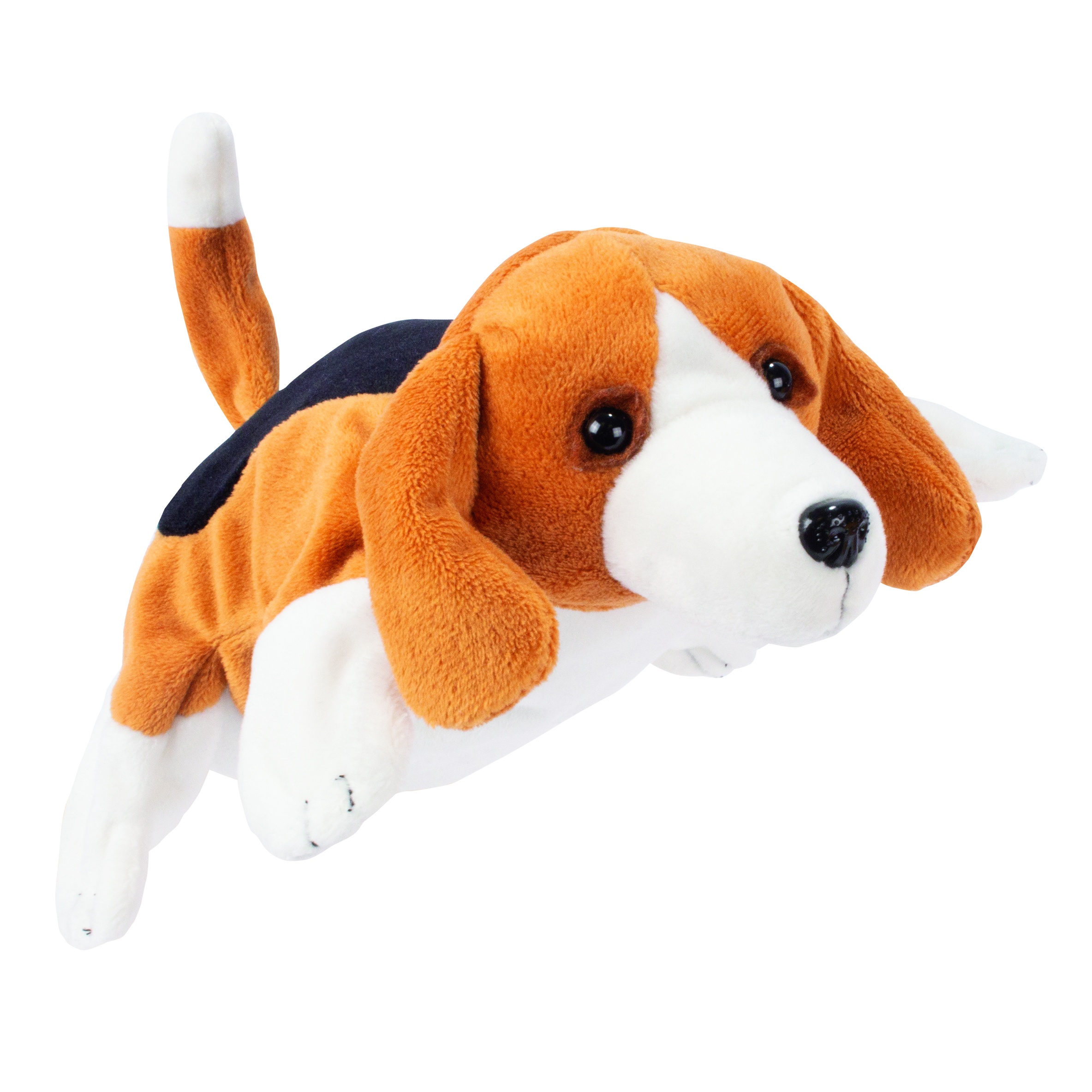 Beleduc Handpuppe Hund im Beagle-Look mit braun-weiß-schwarzem Fell und Schlappohren, liegende Haltung