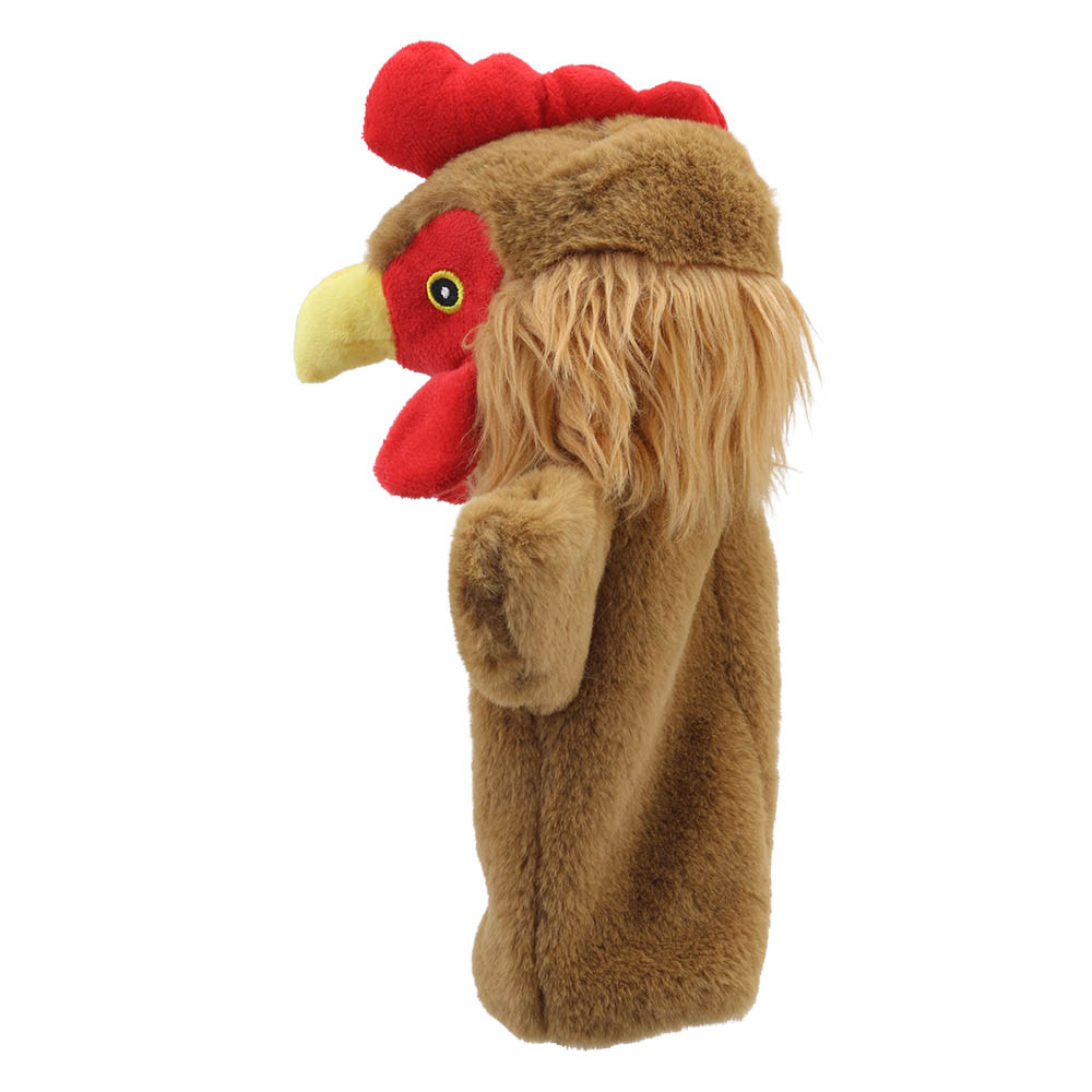 The Puppet Company baby hand puppet hen, profile view with brown plumage and a red comb