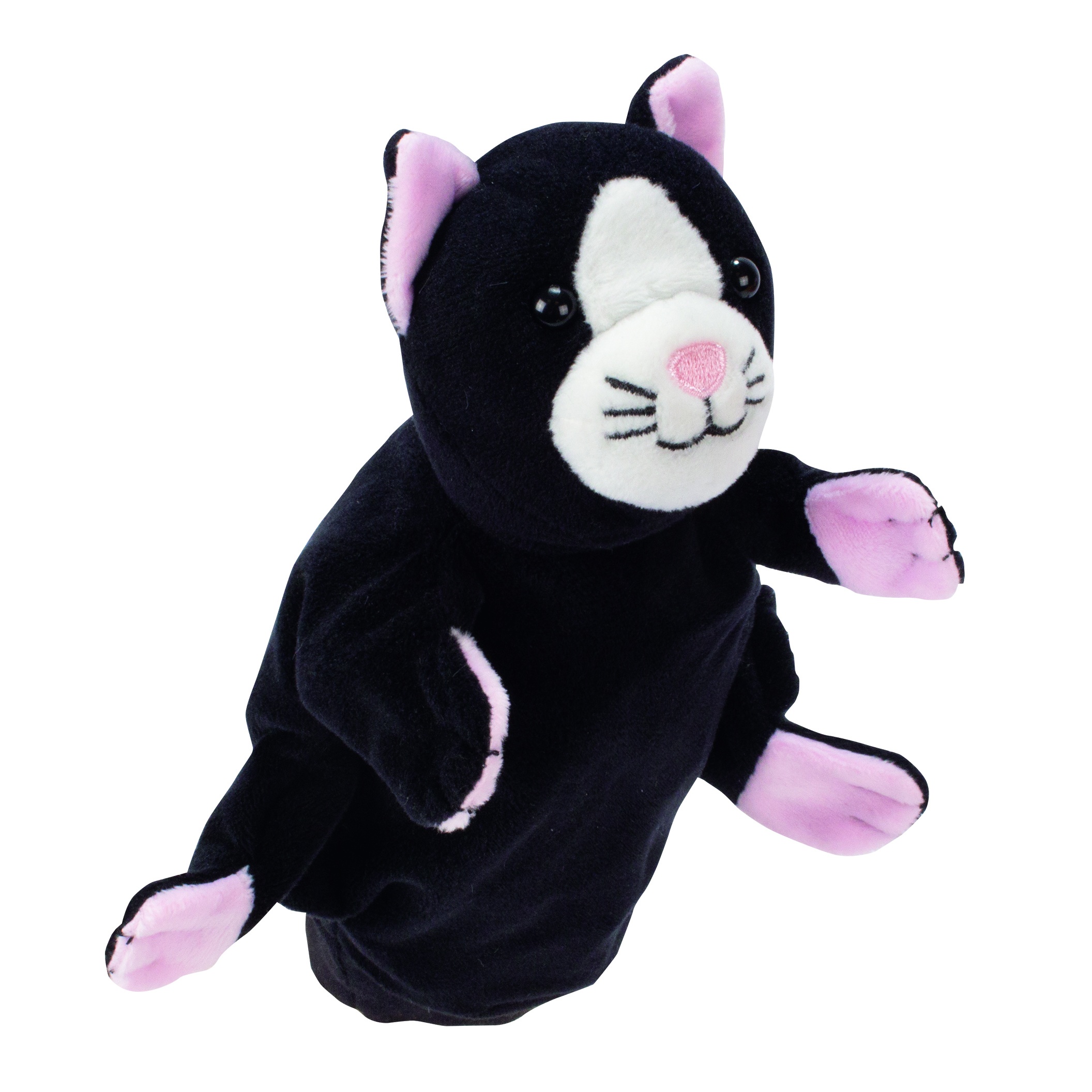 Beleduc Handpuppe Katze mit schwarzem Fell, weißer Schnauze und rosa Pfoten, Frontansicht