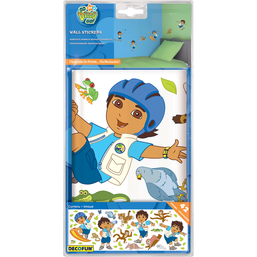 decofun Wandsticker Go Diego Go Verpackung, Diego mit Helm im Fokus, Schlafzimmerfoto oben, Blisterkarte