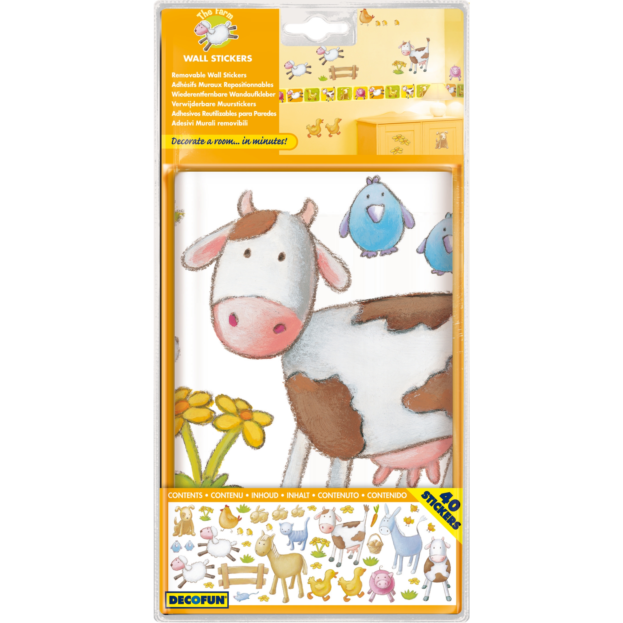 decofun wall decal Animal Farm packaging, cow and bird in focus, 40 stickers on a blister card, chest of drawers in the background
