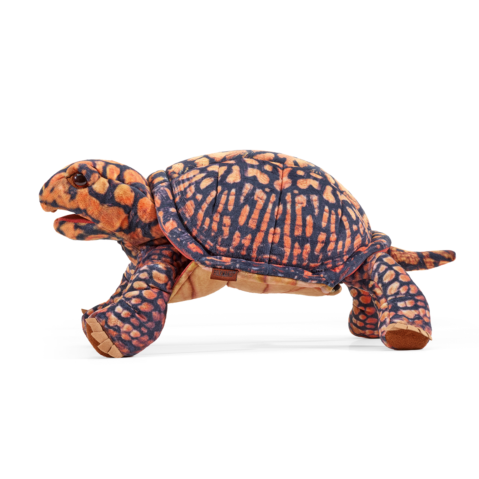 Folkmanis box turtle hand puppet shown from the side with a dark blue and orange shell pattern and movable mouth